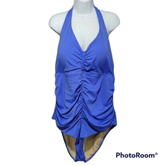 Swimsuits For All Womens Plus Size 24 Shirred Halter One Piece Swimsuit NEW - Picture 2 of 12